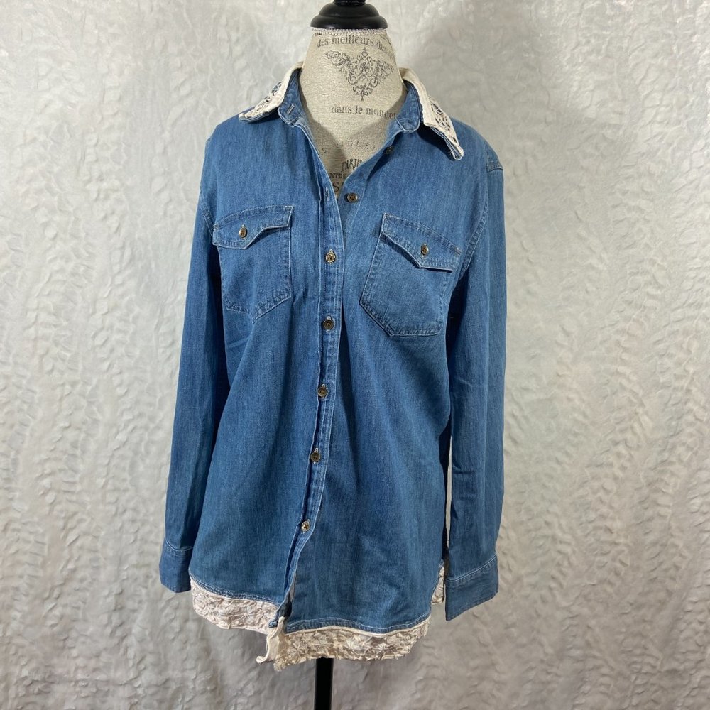 Denim Upcycled Redesigned Lace Heart Recycled button up western shirt - Picture 8 of 12
